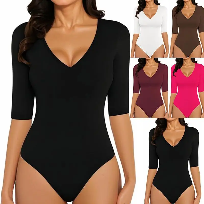 จั๊มสูทผู้หญิงคอวี แขนห้าส่วน เอวต่ำ ผ้าโพลีเอสเตอร์ ใส่ทำงาน ใส่เที่ยว คอลเลคชั่นฤดูร้อน