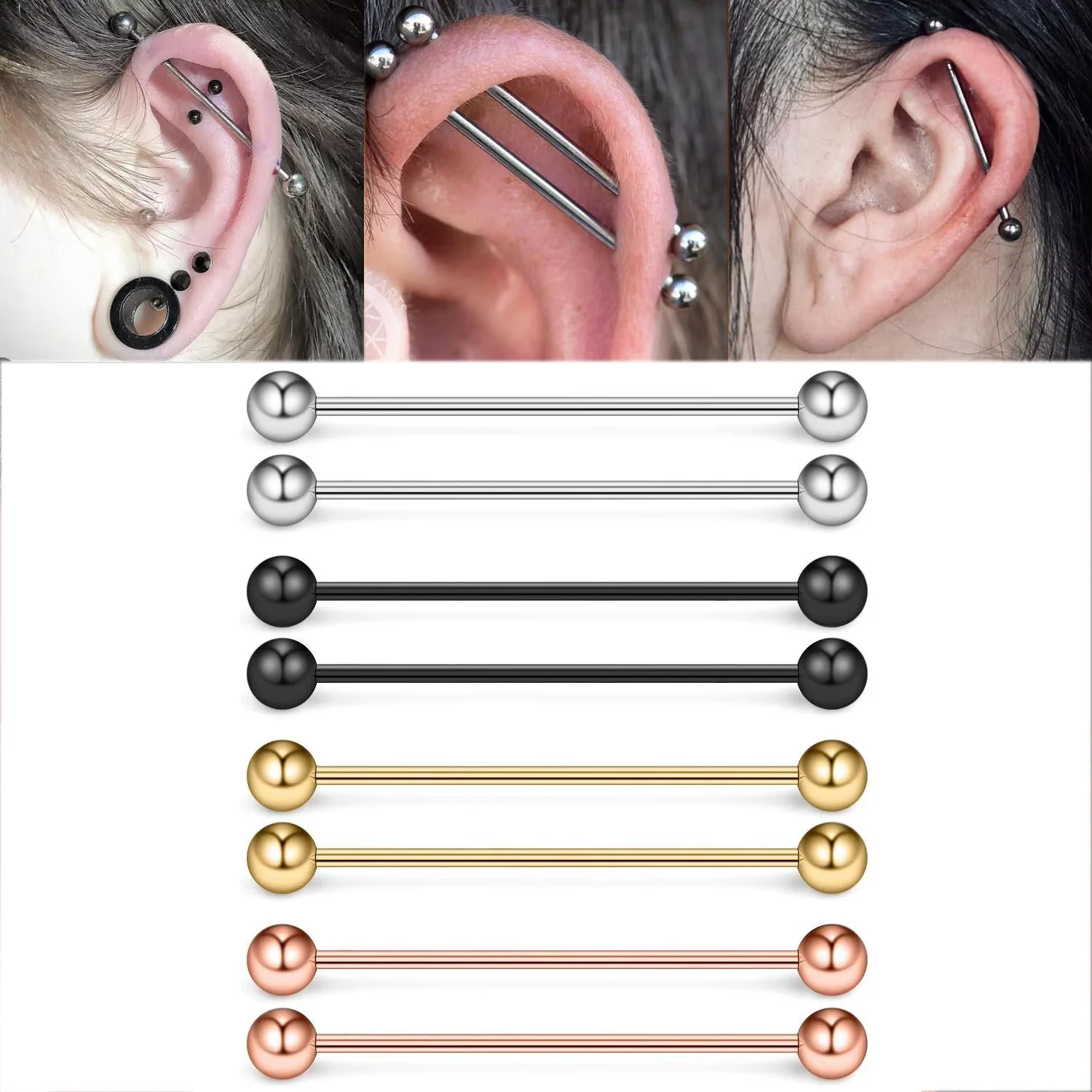 4 Pairs/8PCS 14G Mix Color Stainless Steel Industrial Barbell Cartilage Earring Retainer Body Piercing Jewelry 28-40mm