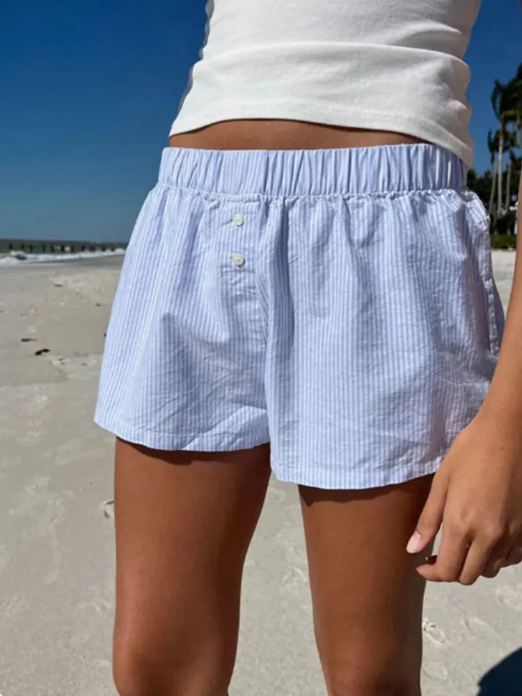 Casual Loose Stripe Button Details Summer Shorts Women Vacation Beach Outfits