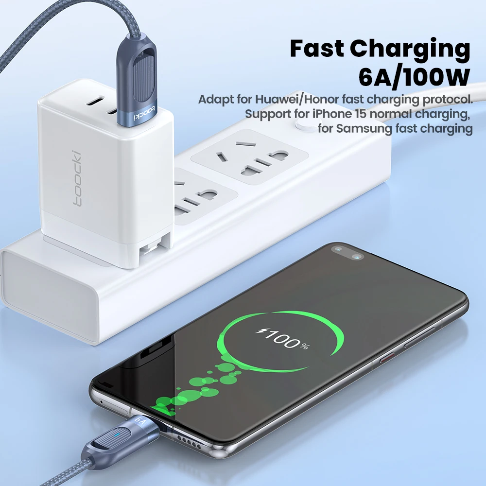 Toocki-Cable USB 6A para iPhone 15 Pro Max, pantalla LED, Cable USB C de resorte de alta velocidad para Xiaomi, Samsung, Cable cargador de teléfono