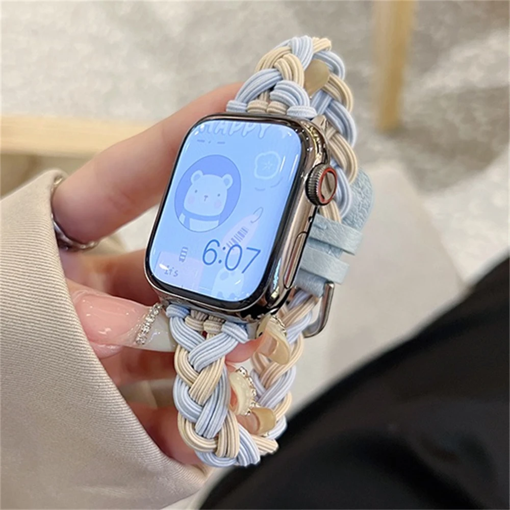 Ładny elastyczny warkocz lina nylonowa pasek do Apple Watch 44mm 40 45 41 49 42 38mm zimowa bransoletka dla Ultra serii 9 8 SE 7 6 5 4 3