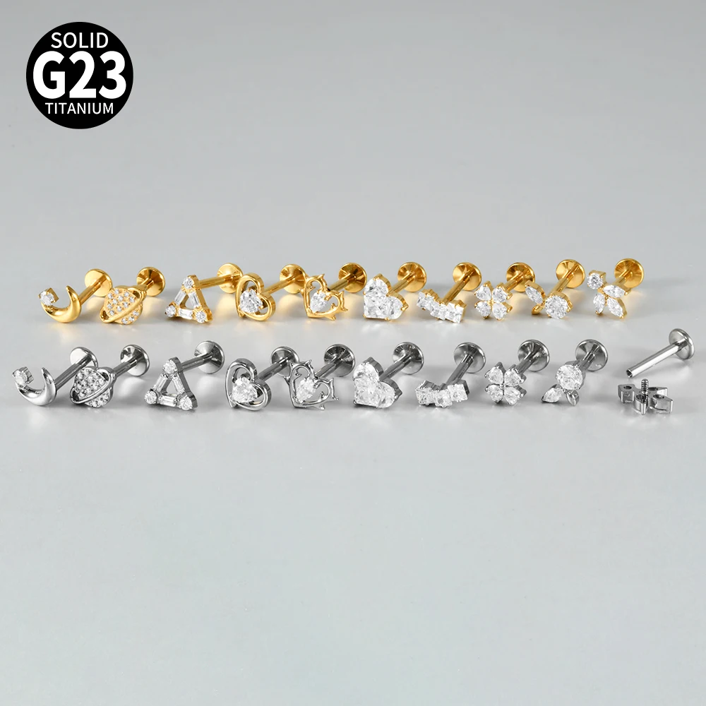 G23 Titanium Moon CZ Internal Thread Labret Piercing Earring