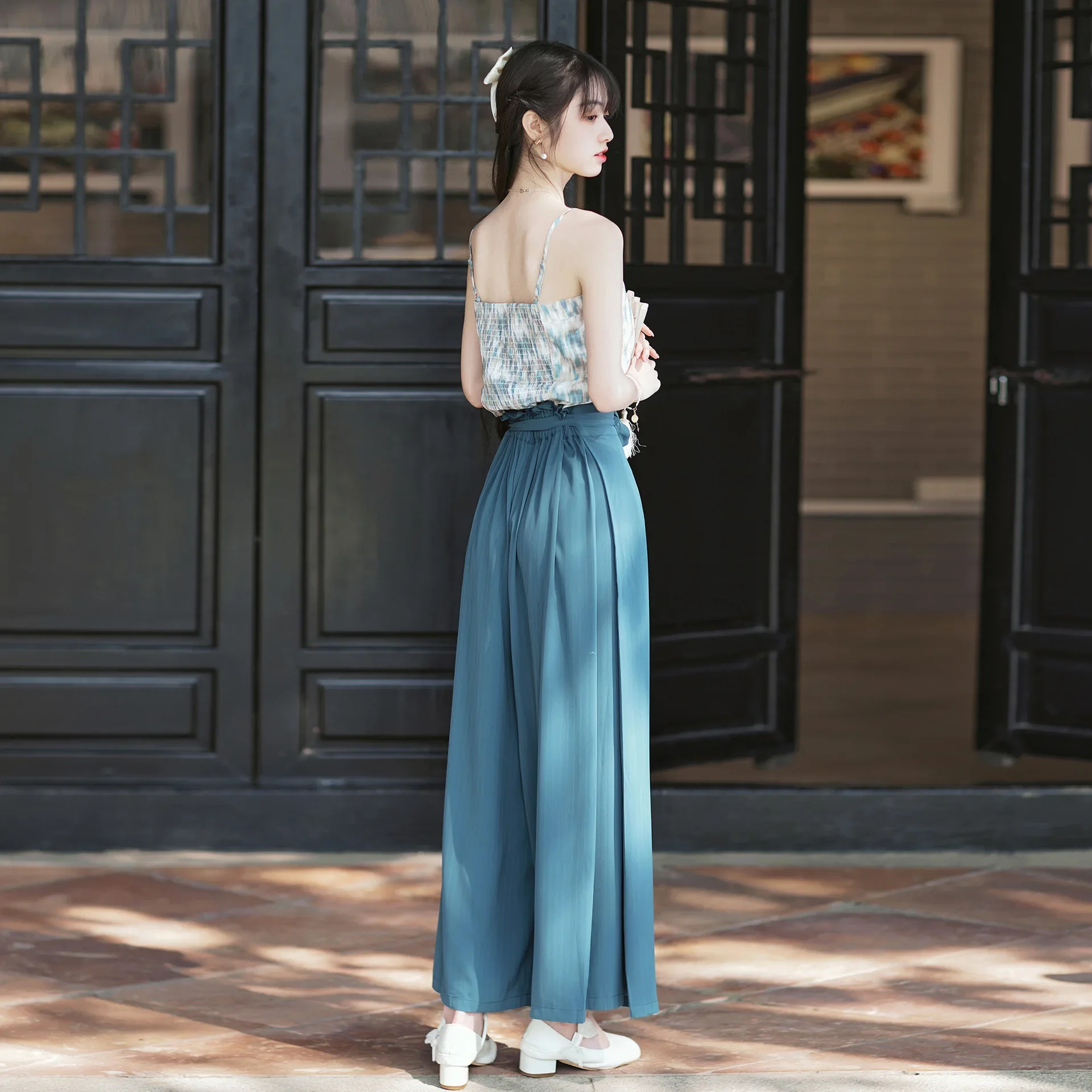New Chinese Style Improved Hanfu Set Blue Cardigan Suspender Pants Tang Suit Women's Elegant Vintage Classic Traditional Costume