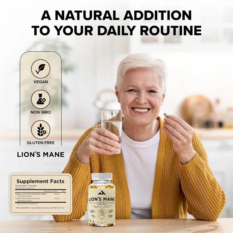 Lion Mane Supplement Capsules with Turkey Tail - Non GMO 1200mg Lion Mane Mushroom Supplement, 60 Capsules view 3
