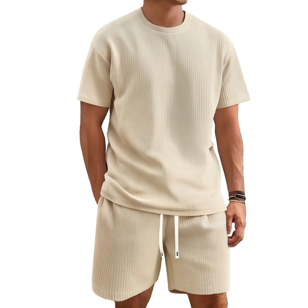 

2026 Summer Men's Solid Color Casual Set Loose Short Sleeve T-Shirt & Shorts 2 Piece Tracksuit European American Style Outfit