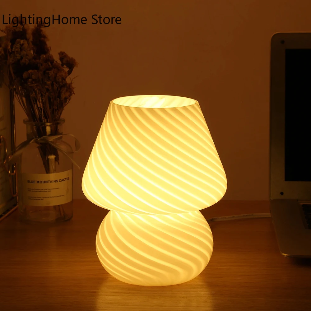 

American Medieval Mushroom Lamp Dimmable Vintage Striped Glass Table Lamp Retro Bedside USB Bedroom Atmosphere Night Light