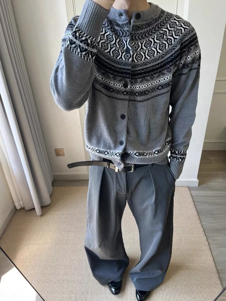 

Retro Fair Isle Knitted Cardigan Men's Autumn Winter Warm Versatile Cleanfit Old Money Sle Knitted Sweater Coat