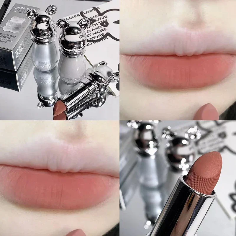 Kleiner Bär niedlichen lang anhaltenden matten Lippenstift feuchtigkeit spendenden Lippen balsam zeigen weiße Mini-Kosmetik dünnes und leichtes Make-up