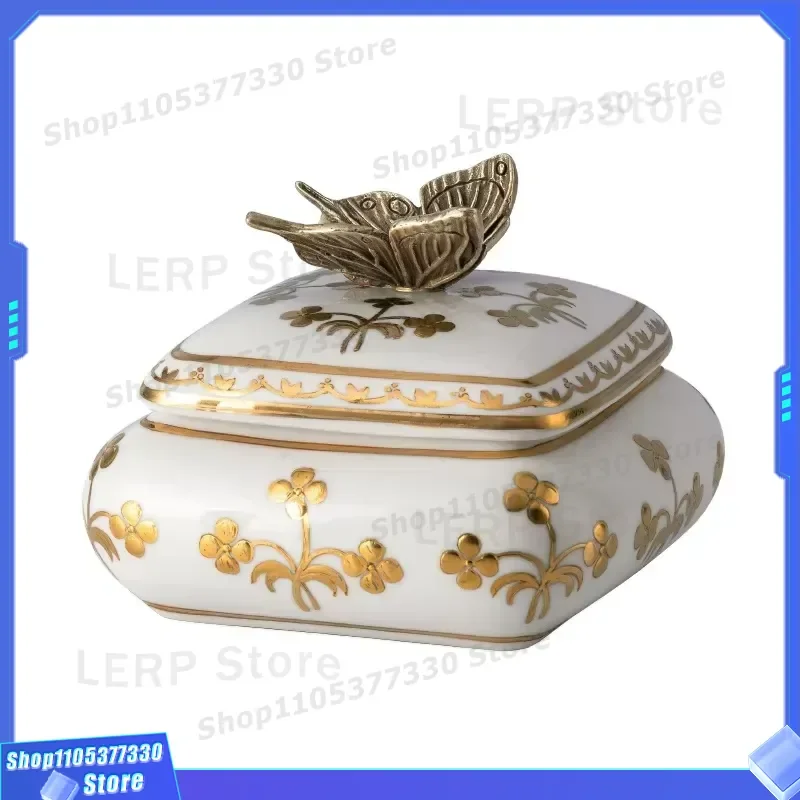 Art Deco Brass Covered Porcelain Box European Ceramic Home Decor Mantel Anniversary Storage Jar with Lid for Living Room
