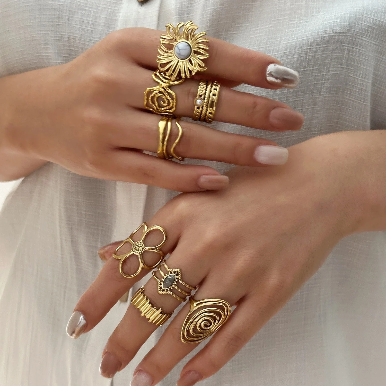 Stainless Steel French Vintage Irregular Hollow Flower Spiral Line Ring for Women Fashion Stackable Open Finger Ring Jewelry