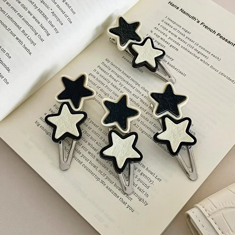 Two Stars Hair Clip Sweet Girls Y2K Hairpins Women Forehead Broken Side Clips Makeup Hair Accessories Headdress Clip Black White