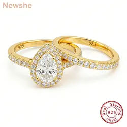 Newshe 2 Pcs Solid 925 Sterling Silver Wedding Rings Set Yellow Gold Plated 3Ct Halo AAAAA CZ Pear Cut Engagement Ring for Women