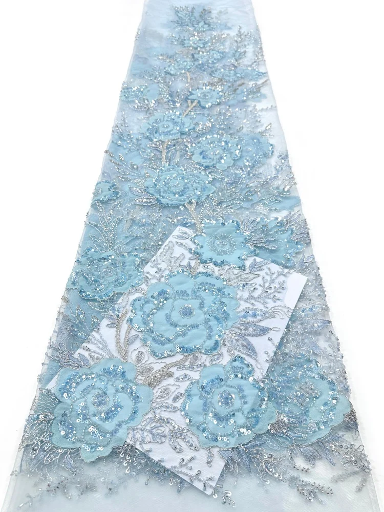 

African High-Quality 3D Applique Beads Sequins Lace Fabric Nigerian French Embroidery Tulle for Wedding Dress Sewing
