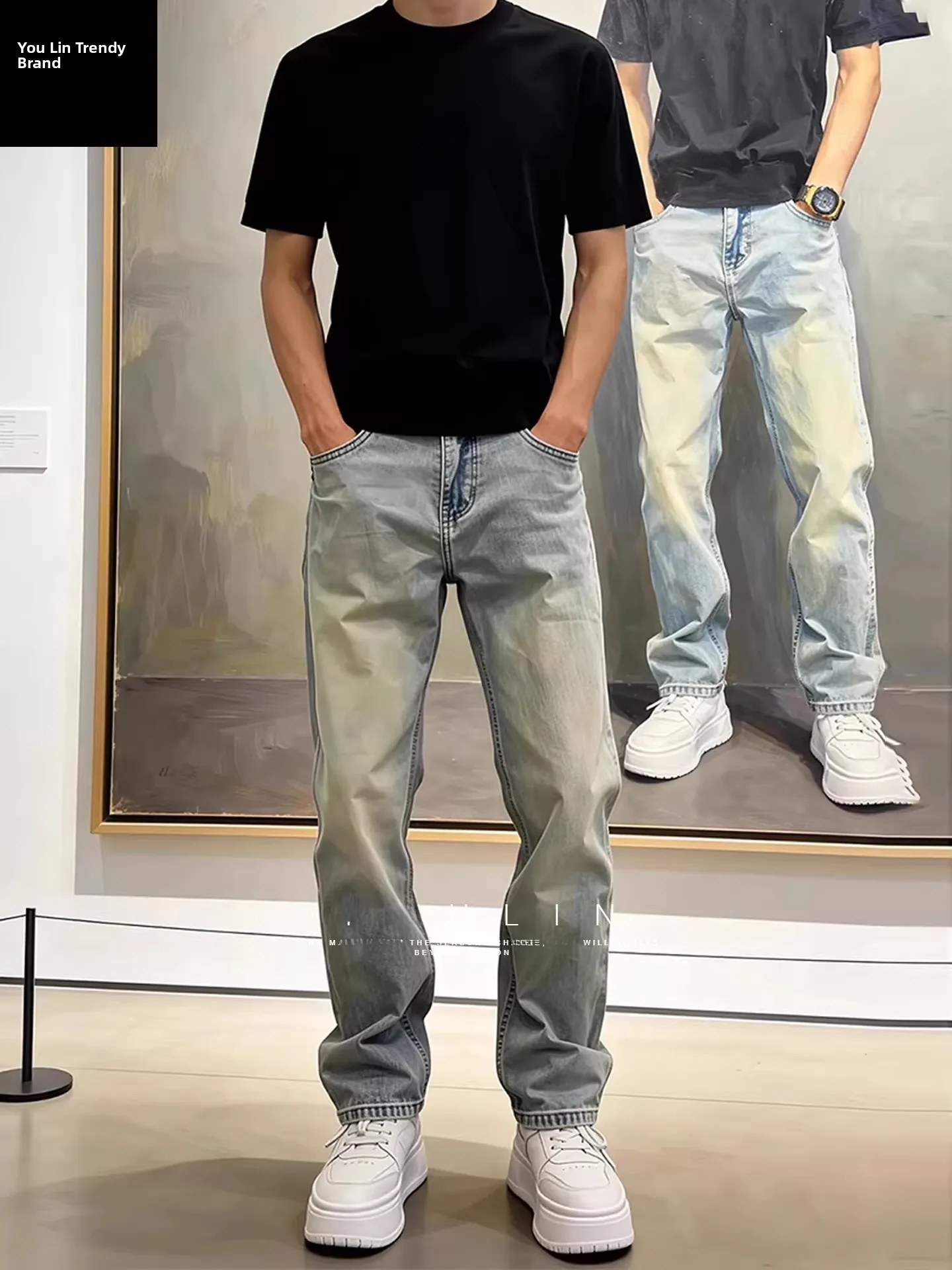 

Slim Fit Light Blue Waed Denim Jeans Men's Summer Thin Straight American Narrow Version Pants Guangzhou Xintang Straight Lo...