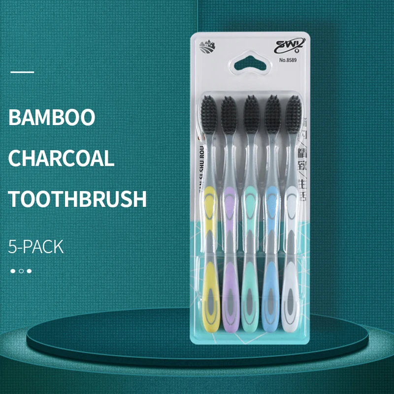 5/10 قطع فرشاة أسنان يدوية مع شعر ناعم من فحم الخيزران لتنظيف الفم اللطيف في أسر البالغين