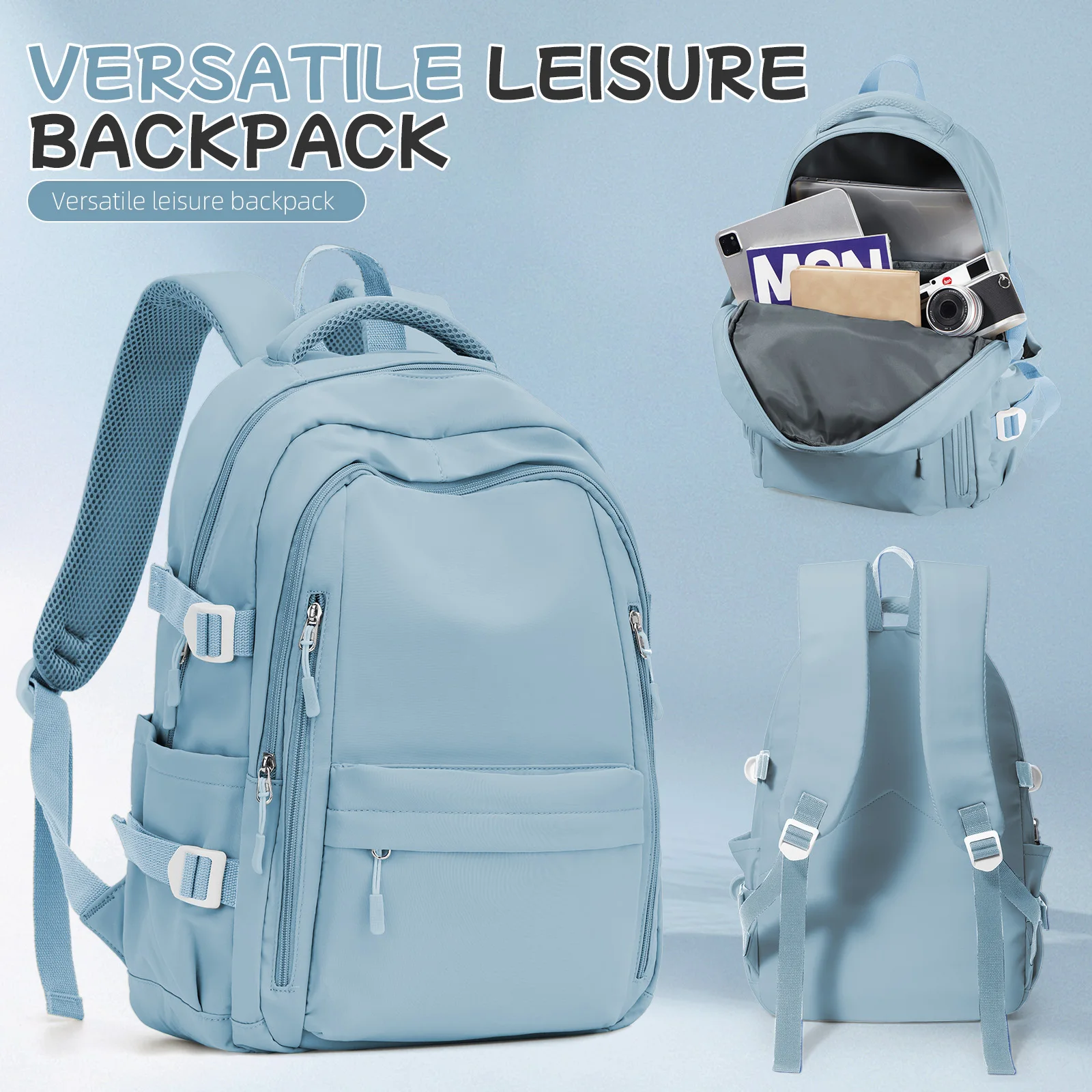 Anti-Theft Casual Travel Backpack for Women，Multi-Pocket Design in Light Blue Durable for School，High School and College Bookbag