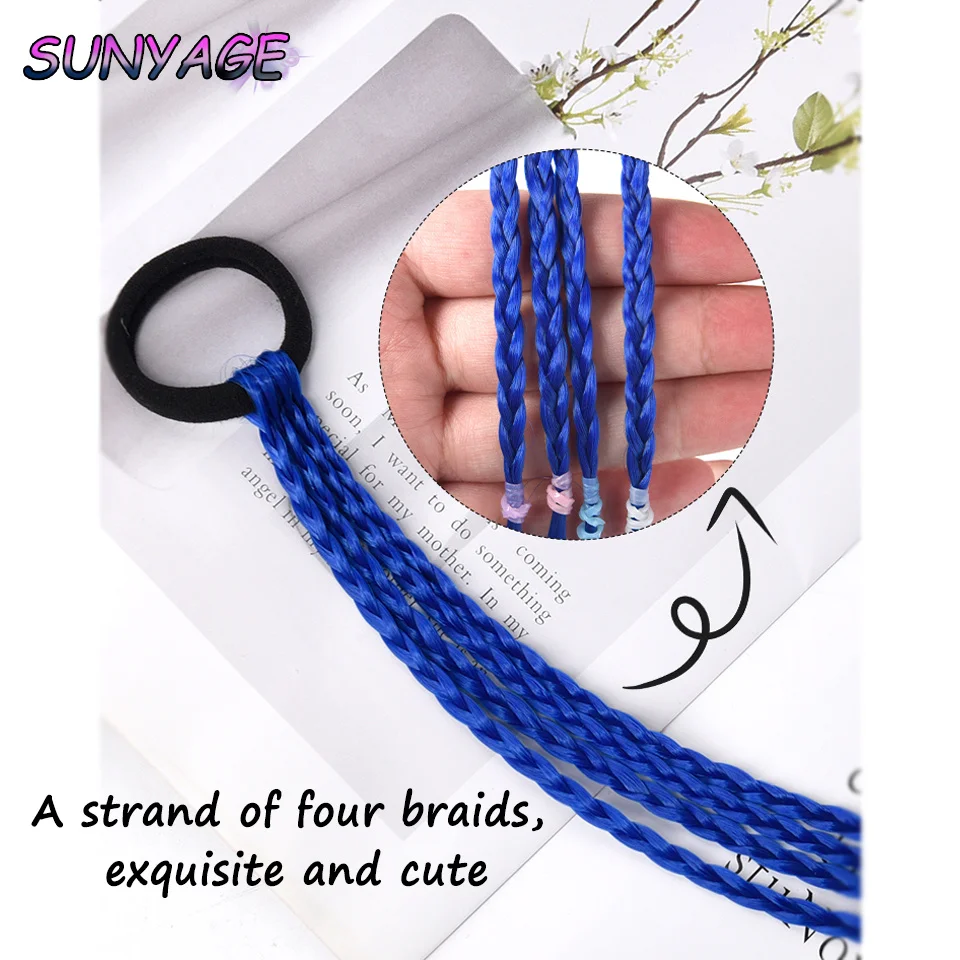 SUNYAGE Synthetic Colorful Braids Hair Extensions With Rubber Bands Rainbow Braided Ponytail Hairpieces Hair Accessories For