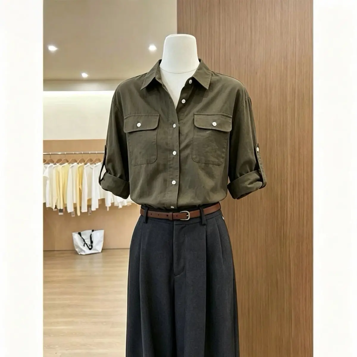 Loose Women's Shirt Three-Quarter Sleeve Double Pocket Outerwear Autumn Fashion plus Size Slimming Belly Cover  Collar Top