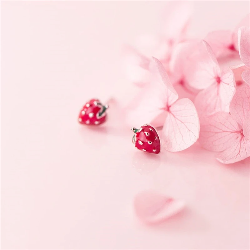 Sole Memory Fresh Cute Mini Pink Strawberry 925 Sterling Silver Female Stud Earrings EA727