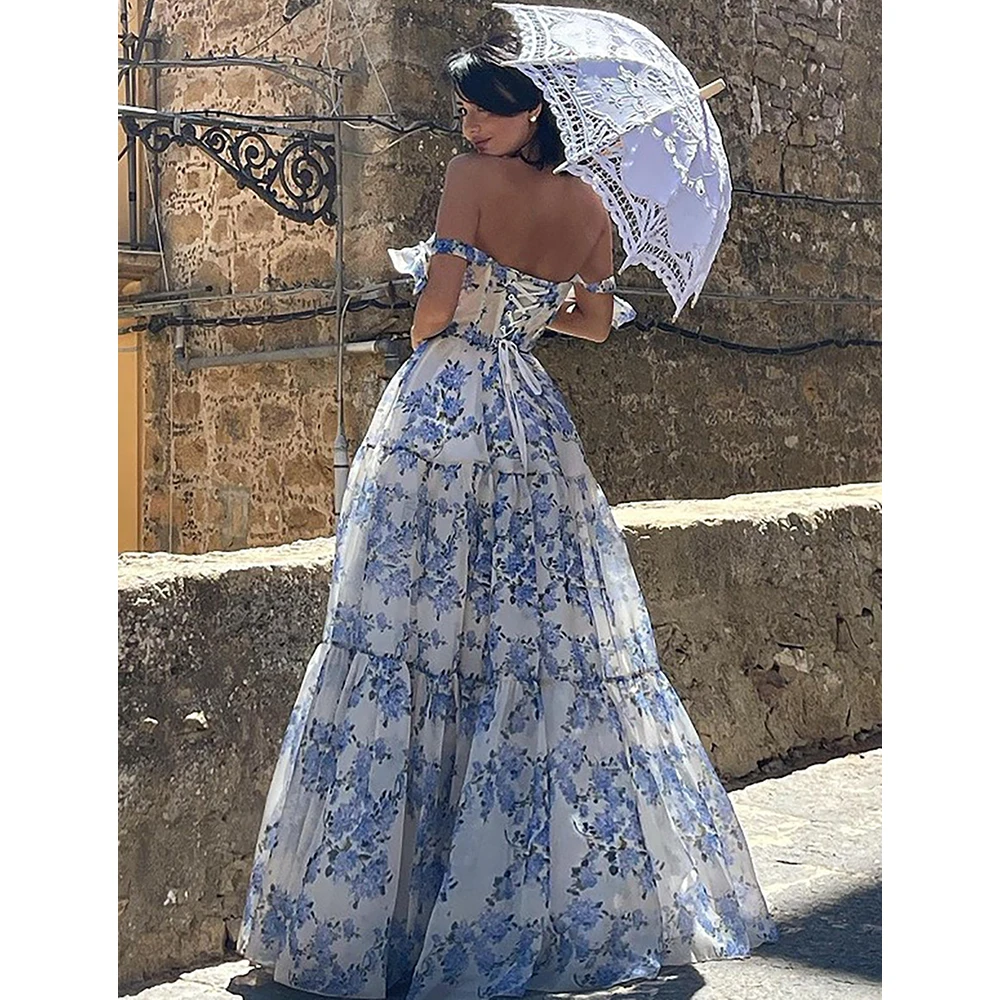 Women Off Shoulder Evening Dress European Style Sleeveless Floral Print Organza Dresses Elegant Lady Party Holiday Beach Dress