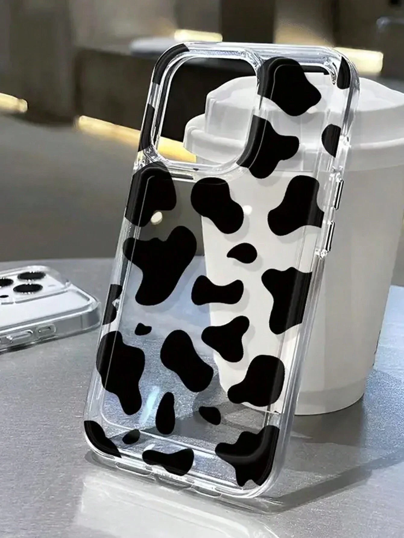 1pc Black Cow Print Metal Button Thickened TPU Phone Case With Space Texture Anti-Fall Shell Cover Compatible With