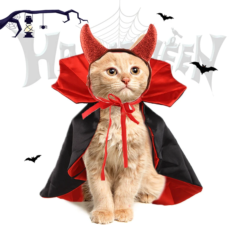 1 Pcs New Halloween Pet Transformer Costume Demon Vampire Cloak Horn Headdress Spooky Costume Pet Accessories