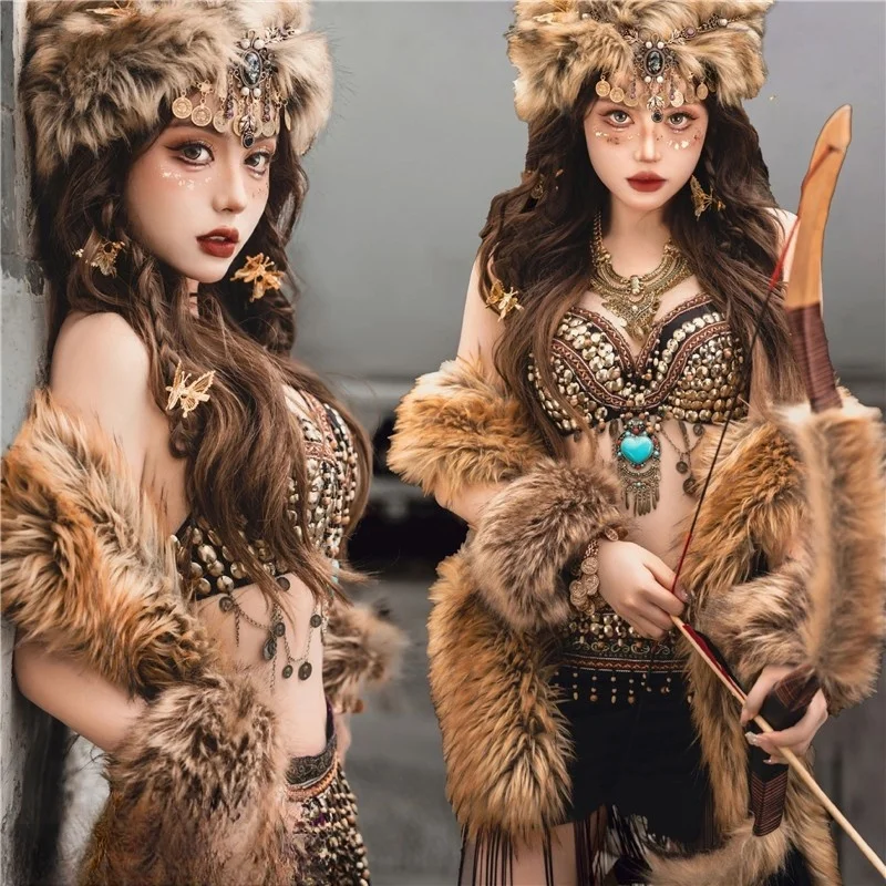 

Studio exotic travel photo photography Costume hat and shawl gold suit