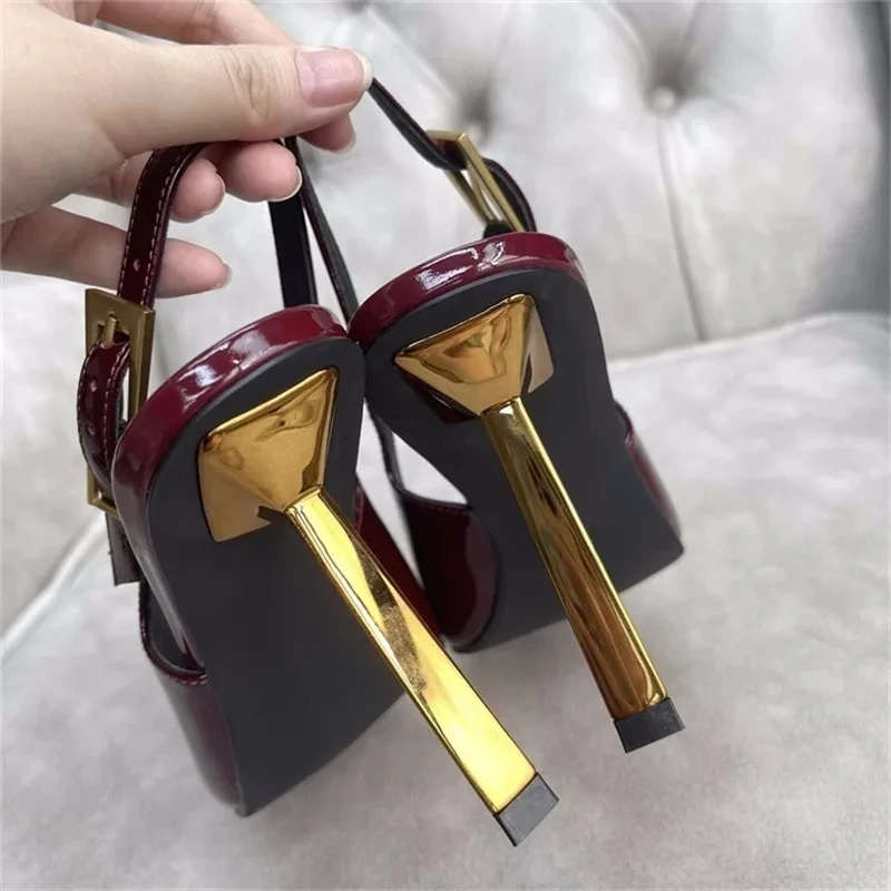 

Brown Black Patent Leather High Heels Women Square Toe Stiletto Gold Heels Sexy Fashion Sandals for Women Summer Slingback