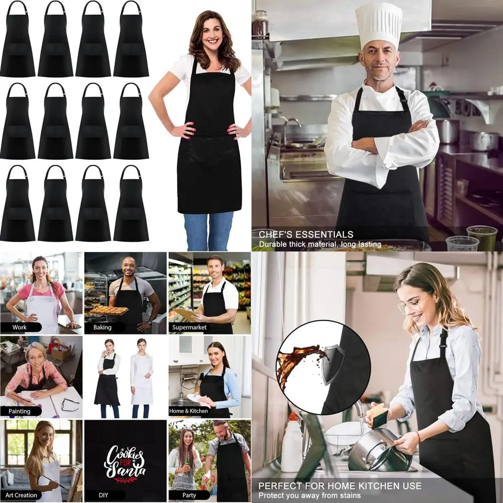 

Bulk 12-Pack Cotton Chef Aprons with 2 Pockets, Adjustable Kitchen Bib Apron for Men & Women, Black
