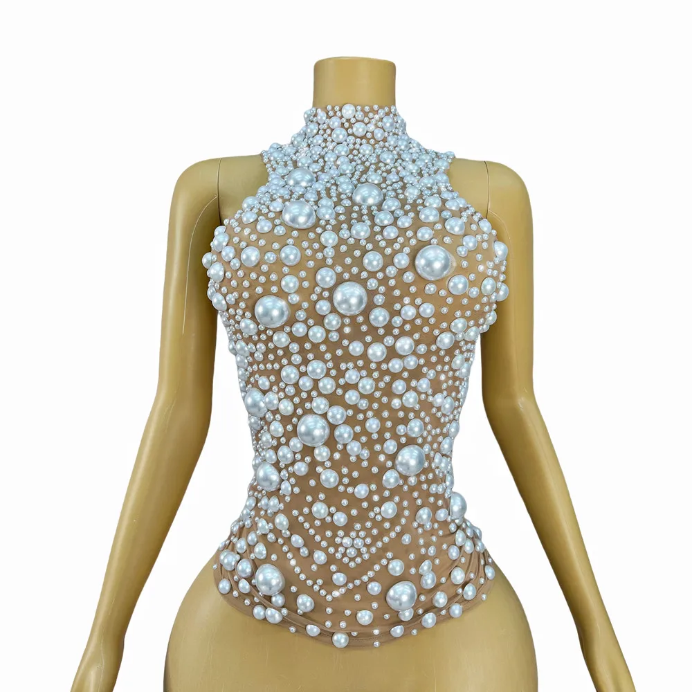 Nightclub Big Pearl Bandage Crop Tank Top Birthday Party Shiny Rhinestone Sexy See Through Singer Dancer Show Party Show Costume