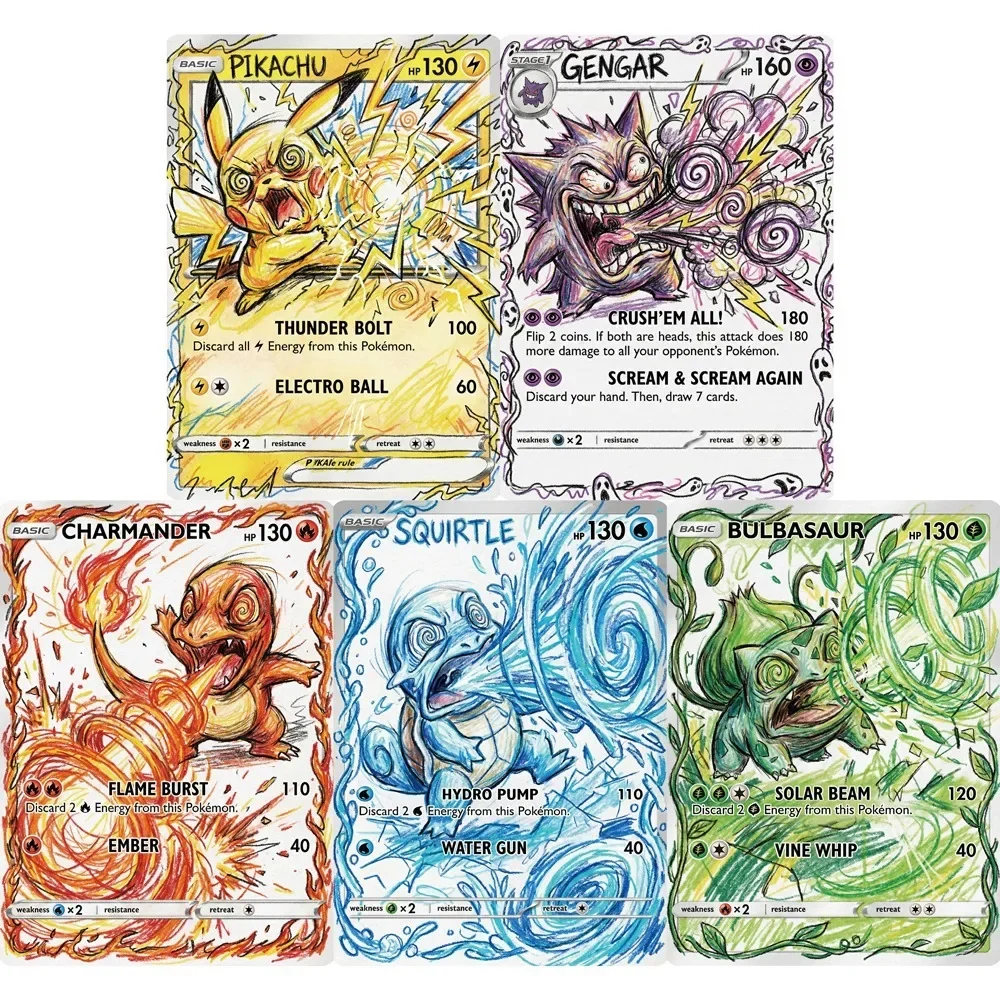 5Pcs PTCG Cards Abstract Impact Style Gengar Charmander Squirtle Bulbasaur Holo PTCG Cards Collection Cards PTCG Gift