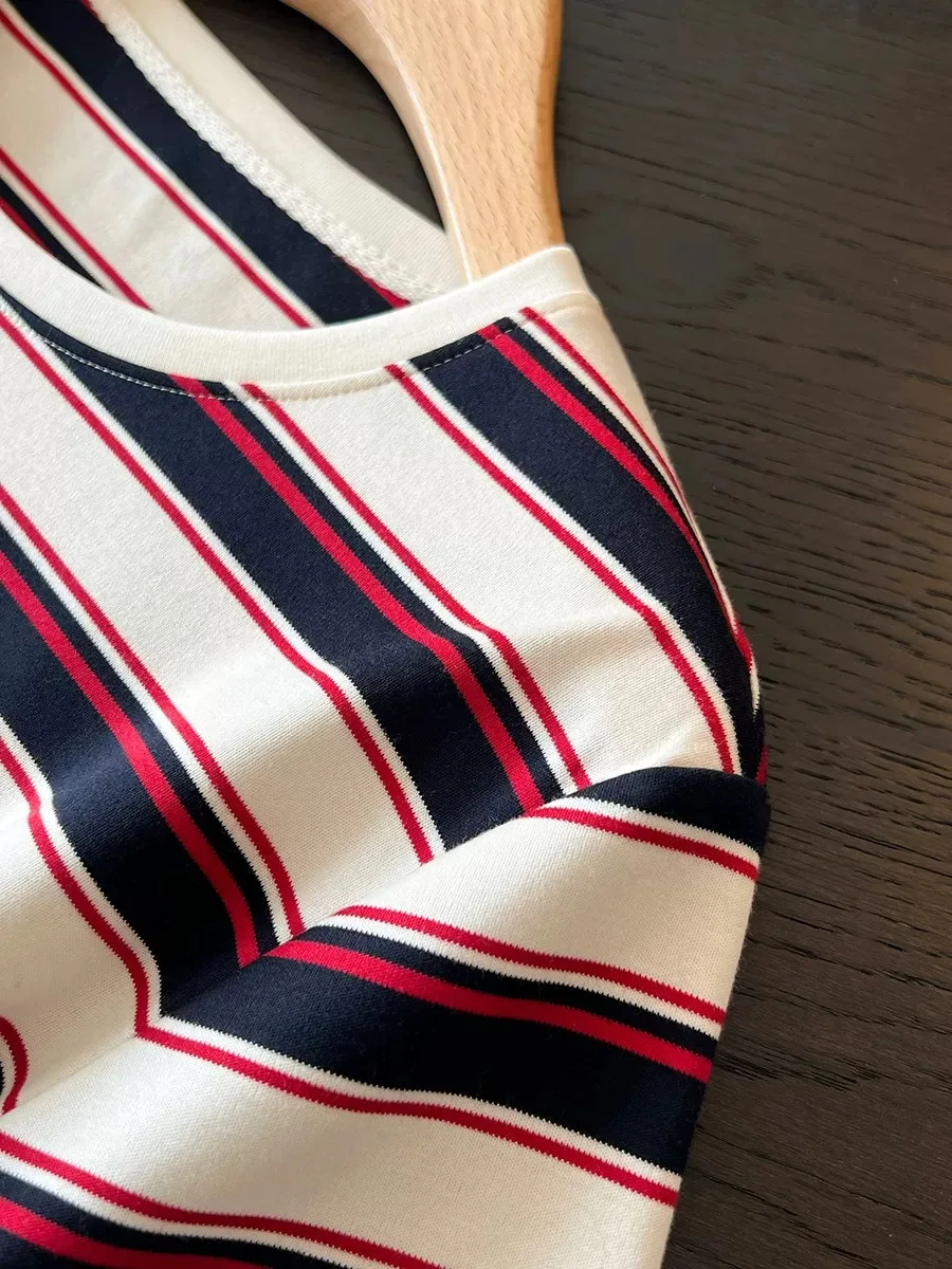 Spring Summer Women's round Neck Short Sleeve T-Shirt Embroidered Front Monkey Premium Combed Cotton Striped Comfortable Fit