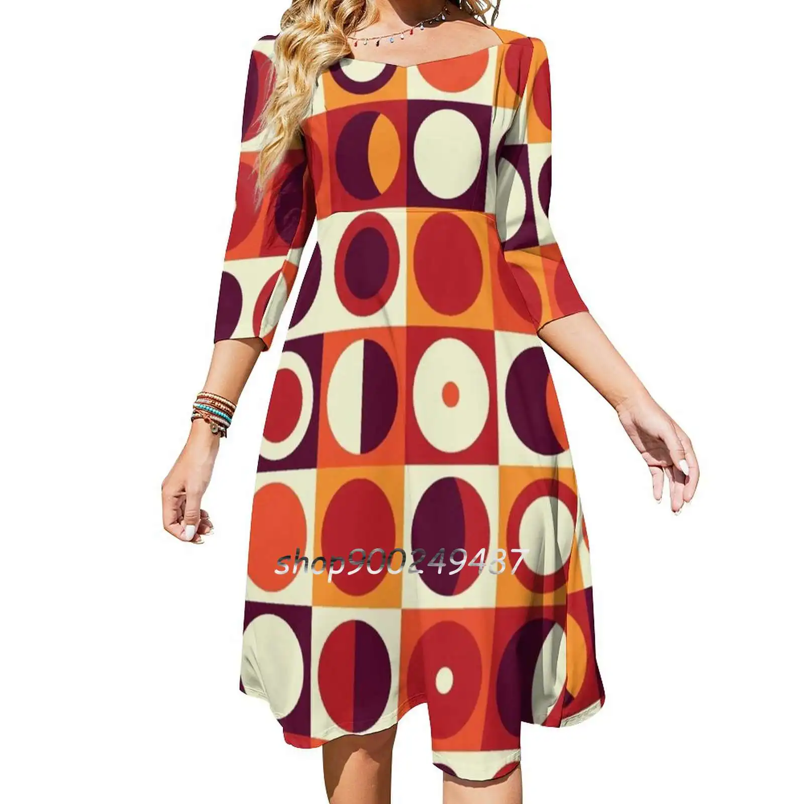 Orangy 70S Pattern Square Neck Dress Sweet Summer Dress Women Elegant Halter Print Dress Orange Geometry Geometric Squares