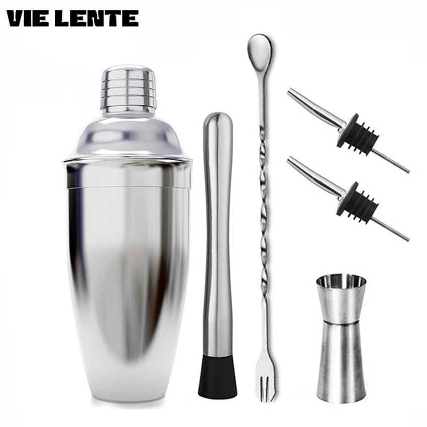 6 in 1 Stainless Steel Cocktail Shaker Set Mixer Wine Martini Boston Shaker for Bartender Drink Party Bar  Tools 550/750ML