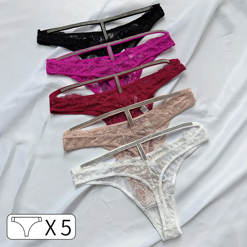 5Pcs Crystal Rhinestones Sexy Girls Panties Women Thongs Diamonds G String Sports Low Waist Shorts Briefs T-back Female Lingerie