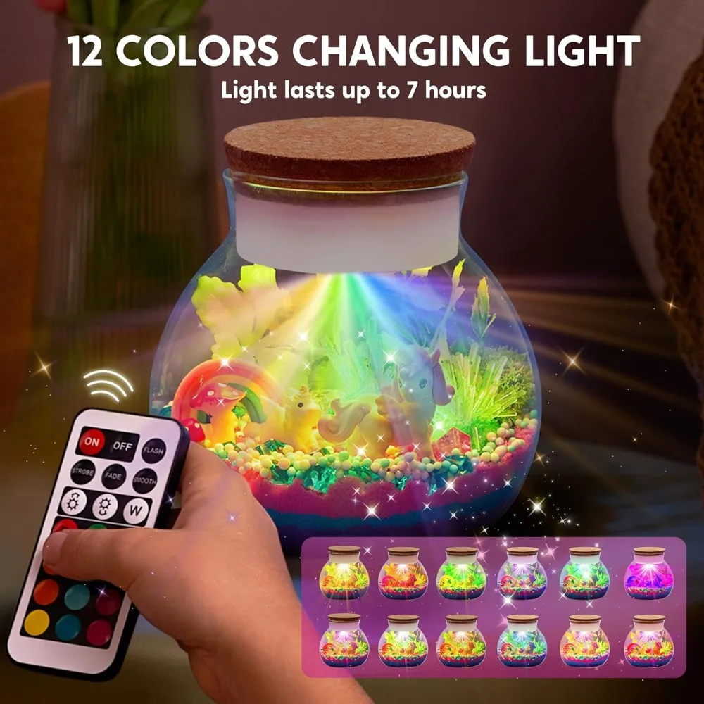 JOYFY Einhorn-Kristall-Terrarium-Bastelset für Kinder, Crystal Growing Science, 12-farbiges LED-Nachtlicht, Einhorn-Geburtstagsgeschenke