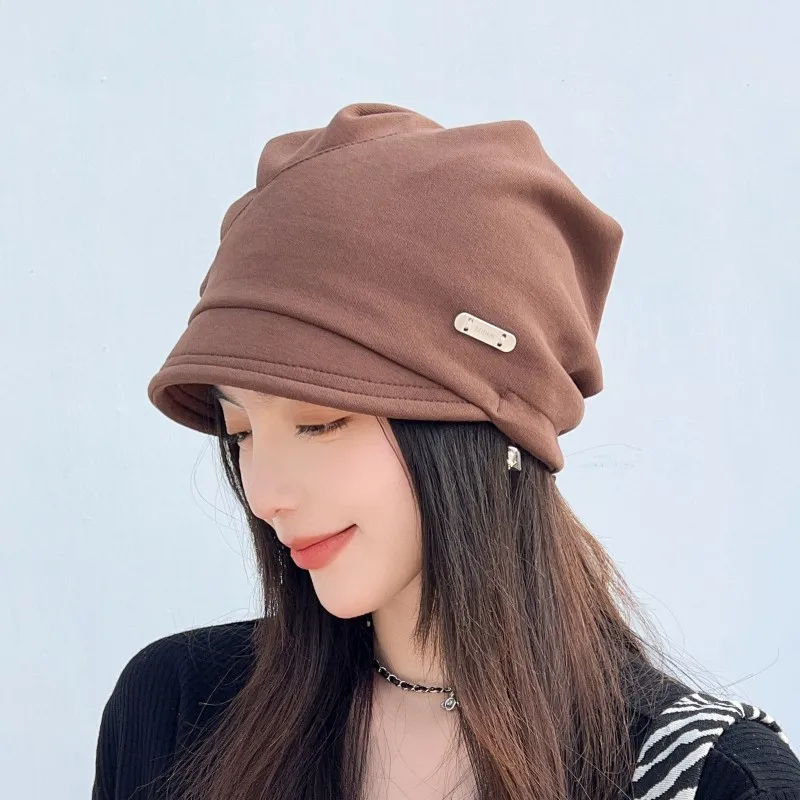 

Winter Hat for Women Solid Color Japanese Pile Hats Fashion Versatile Metal Label Pullover Caps Warm Windproof Coldproof Bonnet