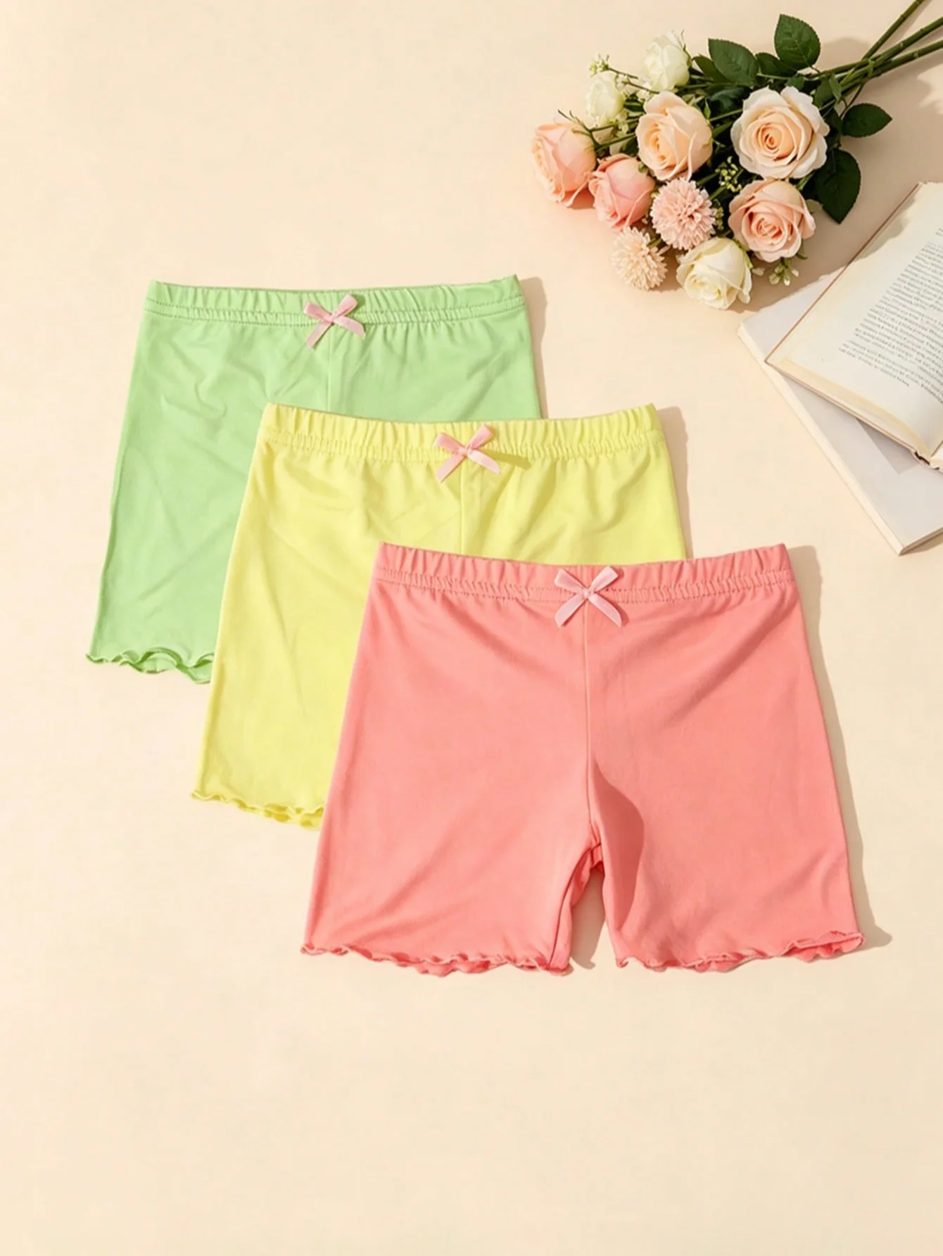 3 Pairs of Kids Solid Color Wavy Edge Shorts with Small Bow, Soft, Comfortable, and Breathable Safety Leggings for Girls Aged 2-11Y