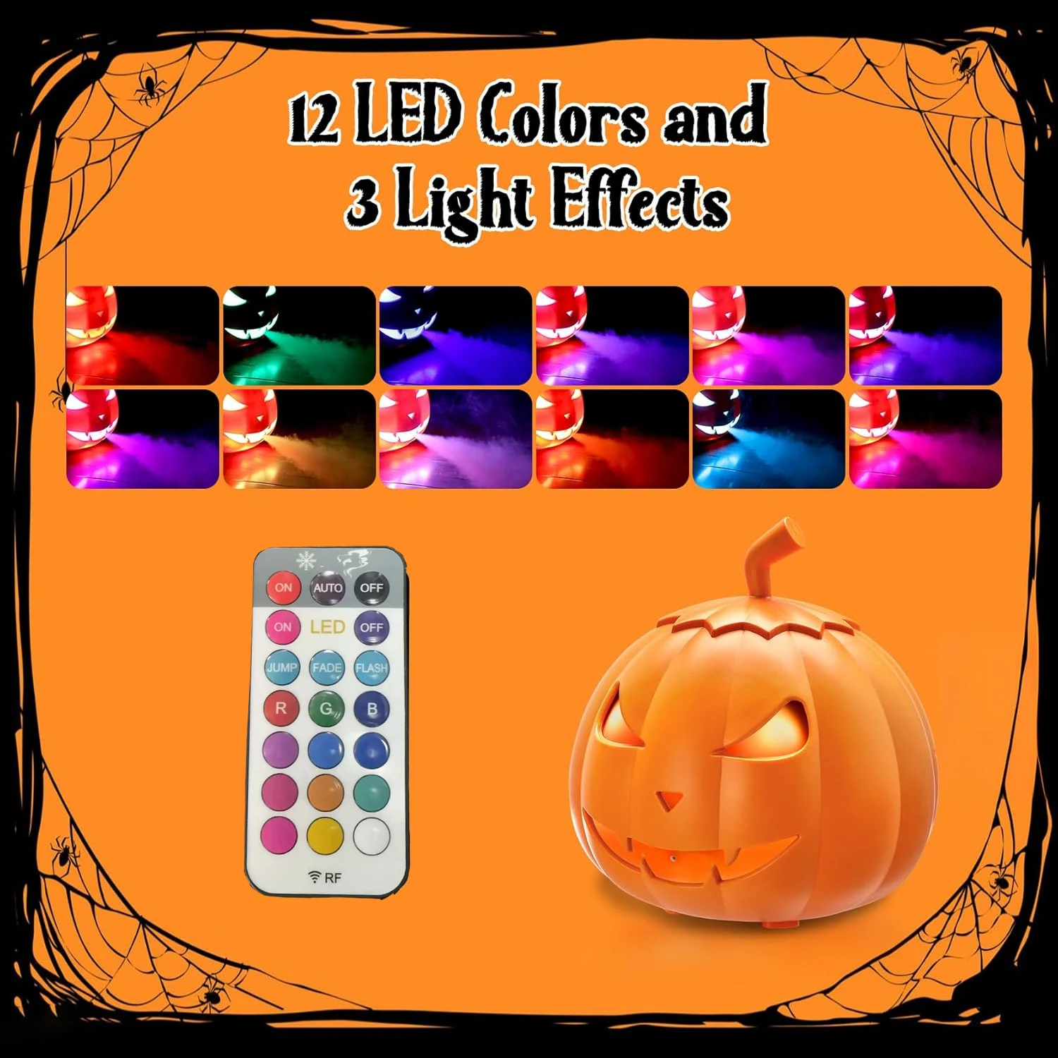 600W LED Pumpkin Fog Machine 6x3W 3in1 LED 500ml Tank 3500CFM Output Wireless Remote Ideal for Halloween Parties and Stage Event