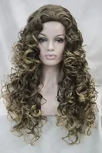 

brown mix golden blonde tip curly long synthetic hair daily wig