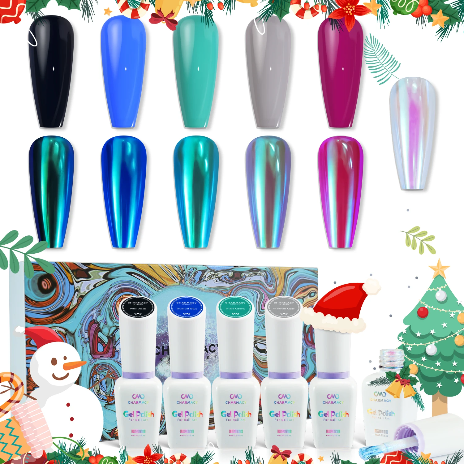 CHARMACY NEW 6PCS Nail Polish Gel Set Gel UV Magic Blue Green Pink Chameleon Mirror Effect Aurora Nail Powder Liquid Gift Set