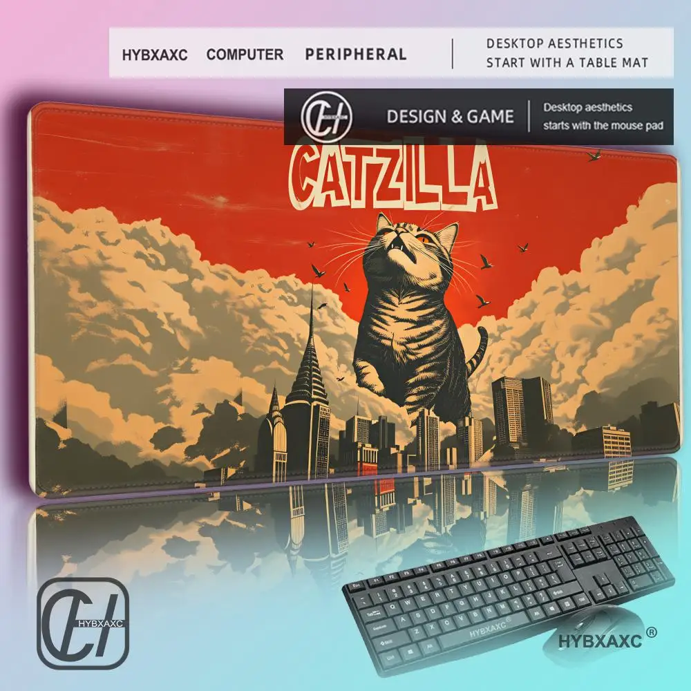 

HYBXAXC Japanese Monster Cat Catzilla Gaming Desk Mat, Cartoon Cute Cat Extended MousePad, Thick NonSlip Keyboard Mat for Gamer