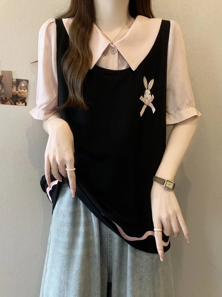 

Slimming Short Sleeve Shirt for Women Summer Fashionable Doll Top plus Size Beautiful Korean Style Button Plaid Print T-shirt