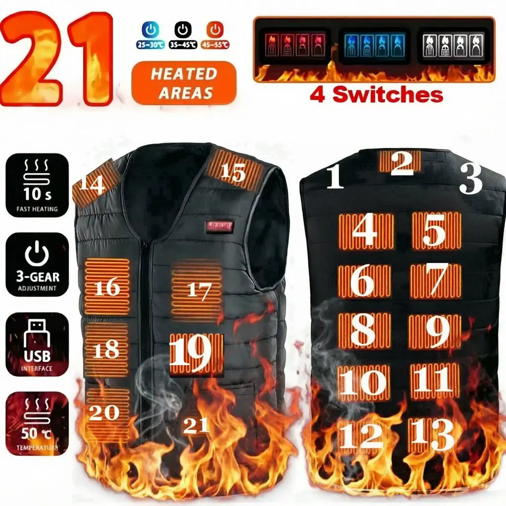 21 Area Heated  V-Neck Vest Men's Autumn Winter Smart Thermal Cotton Heated Jacket Warm Outdoor Flexible M-6XL for Women Vest