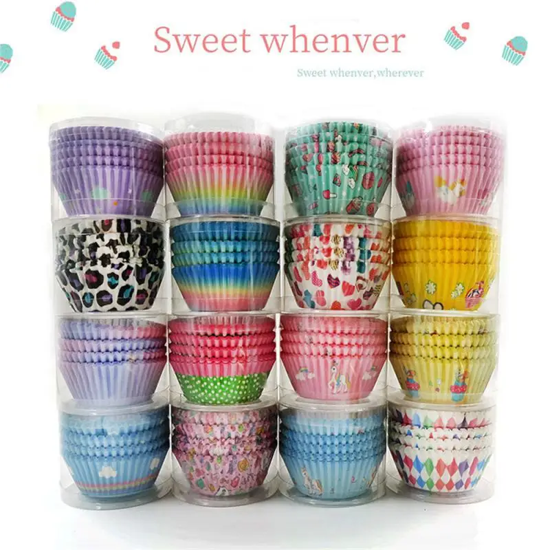 100pcs Colorful Cupcake Paper Marfen Cup Printed Cake Paper Tray Tube Packed Cake Cup Baking Oil-proof Home Kitchen Bakeware