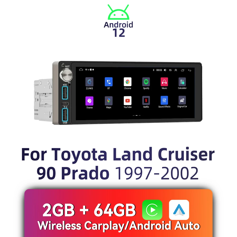 

6,86 "экран 1 Din Android автомобильное мультимедийное радио CarPlay GPS WiFi для Toyota Land Cruiser 90 Prado 1997-2002 стерео головное устройство