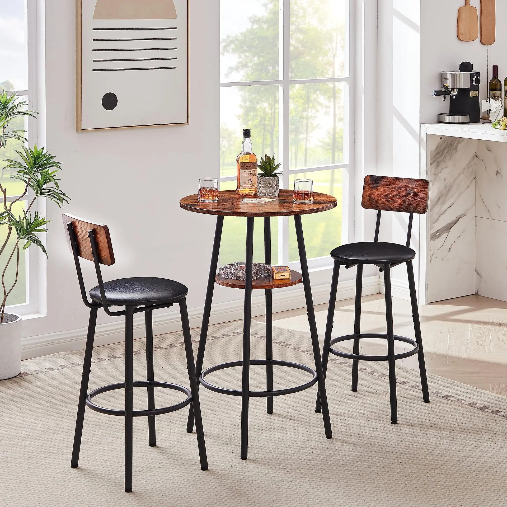 

Small apartment round bar table and chair set Home cafe Milk tea shop Soft bag high stool