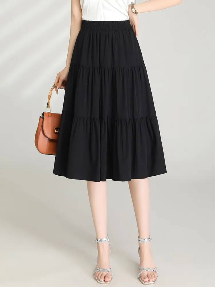 ZUZK Zomer Leuke A-lijn Rokken Nieuwe Vrouwen Elastische Taille Mid-Lengte Tiered Rok Cool Droop Rok Student Rok jupe leuke rok