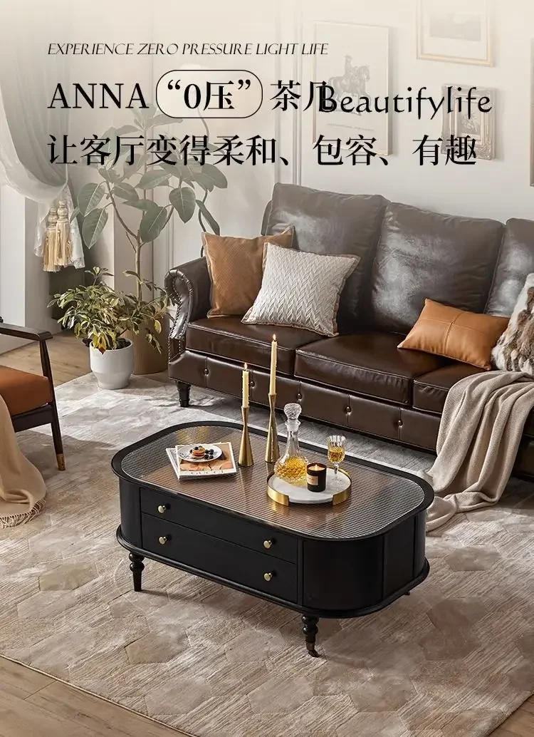 American Solid Wood Glass Coffee Table TV Cabinet Black Retro Living Room Mobile Tea Table Small Tea Table