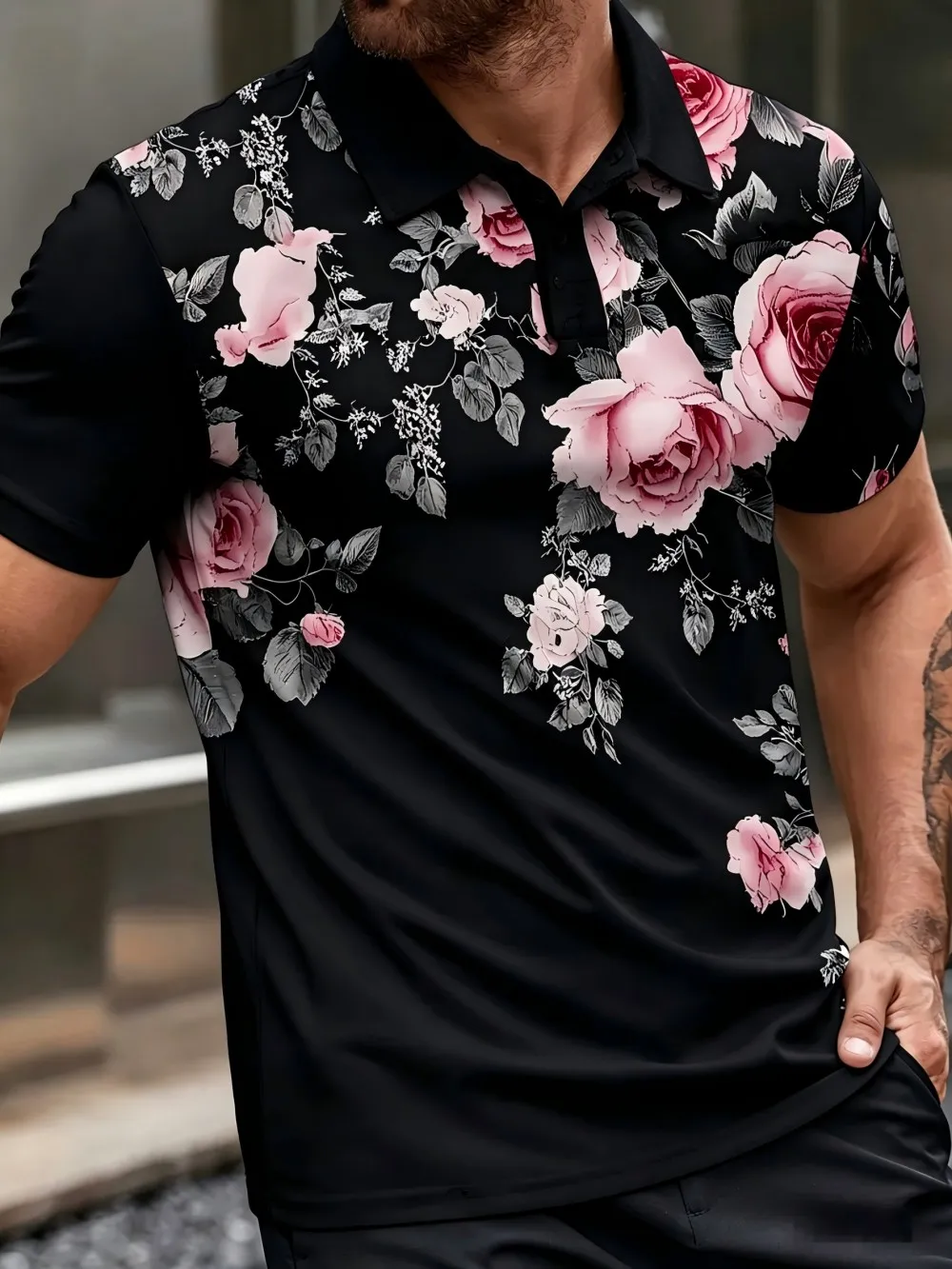 European and American Men's Summer Golf Rose Print Comfortable and Breathable Polo Short-Sleeved T-Shirt Outdoor Casual Top